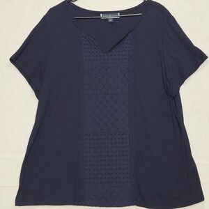 Karen Scott Navy Blue V Neck Eyelet Lace Tunic Top Plus Size 2X